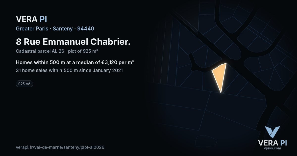 8 Rue Emmanuel Chabrier, Santeny at night – the plot lit, the parcels around coloured by the prices near them
