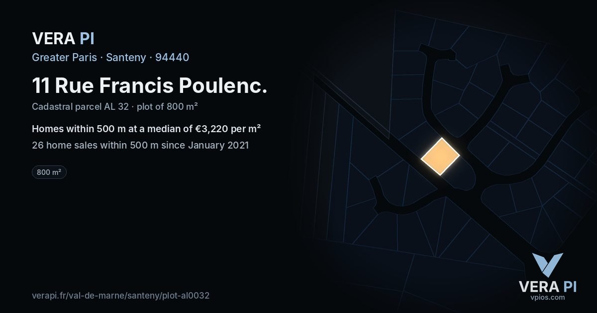11 Rue Francis Poulenc, Santeny at night – the plot lit, the parcels around coloured by the prices near them