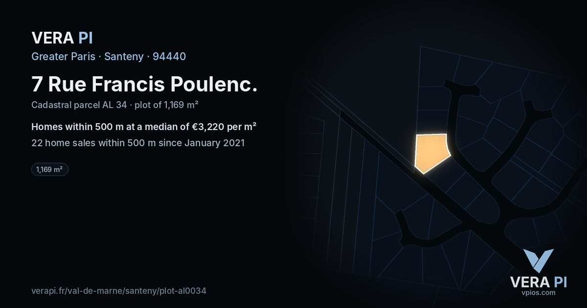 7 Rue Francis Poulenc, Santeny at night – the plot lit, the parcels around coloured by the prices near them