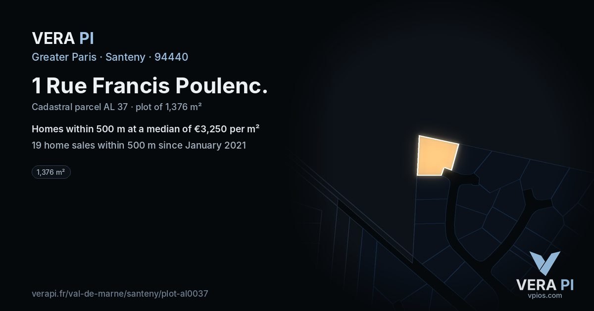 1 Rue Francis Poulenc, Santeny at night – the plot lit, the parcels around coloured by the prices near them
