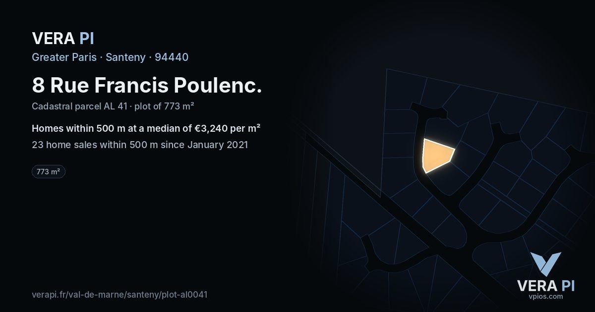 8 Rue Francis Poulenc, Santeny at night – the plot lit, the parcels around coloured by the prices near them