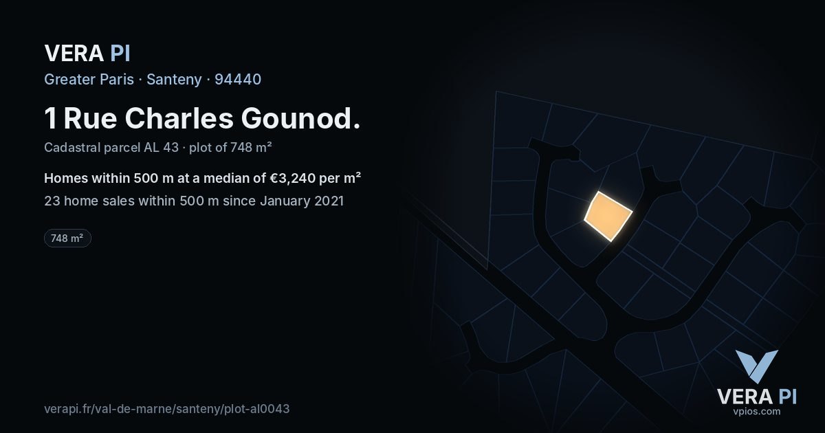 1 Rue Charles Gounod, Santeny at night – the plot lit, the parcels around coloured by the prices near them