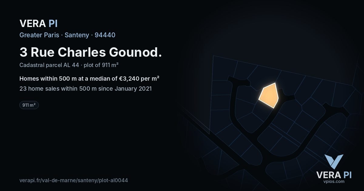 3 Rue Charles Gounod, Santeny at night – the plot lit, the parcels around coloured by the prices near them