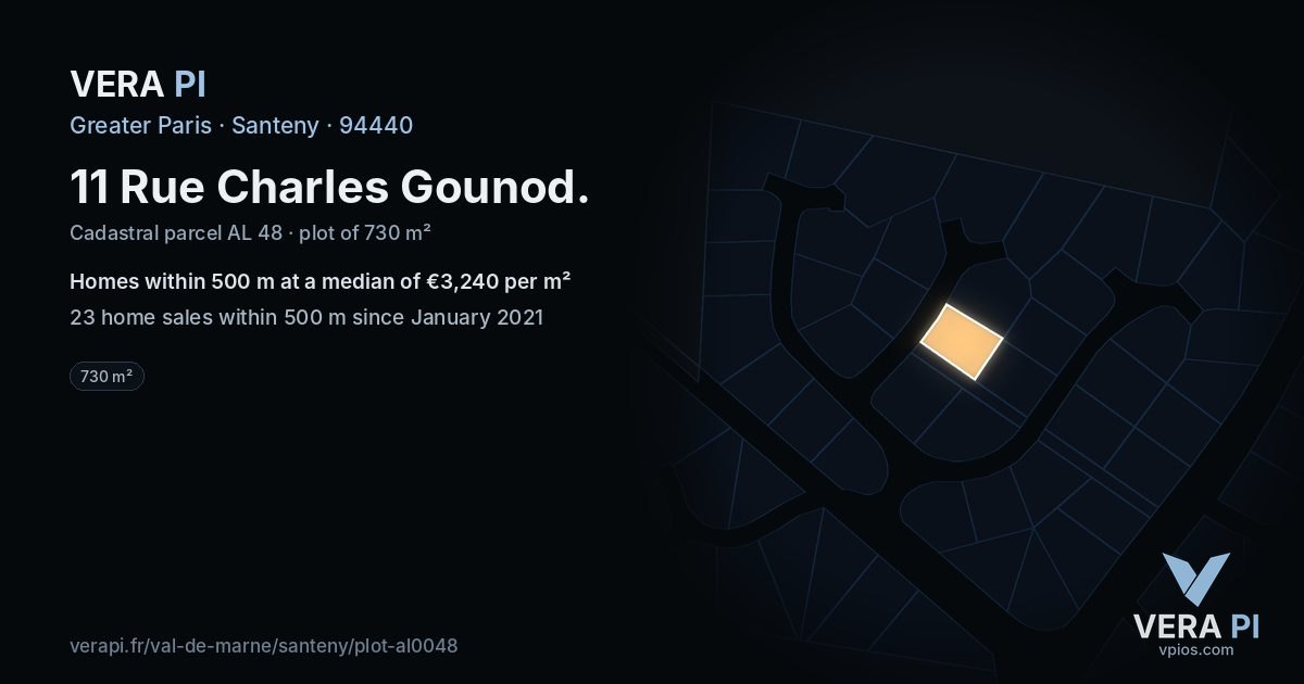 11 Rue Charles Gounod, Santeny at night – the plot lit, the parcels around coloured by the prices near them