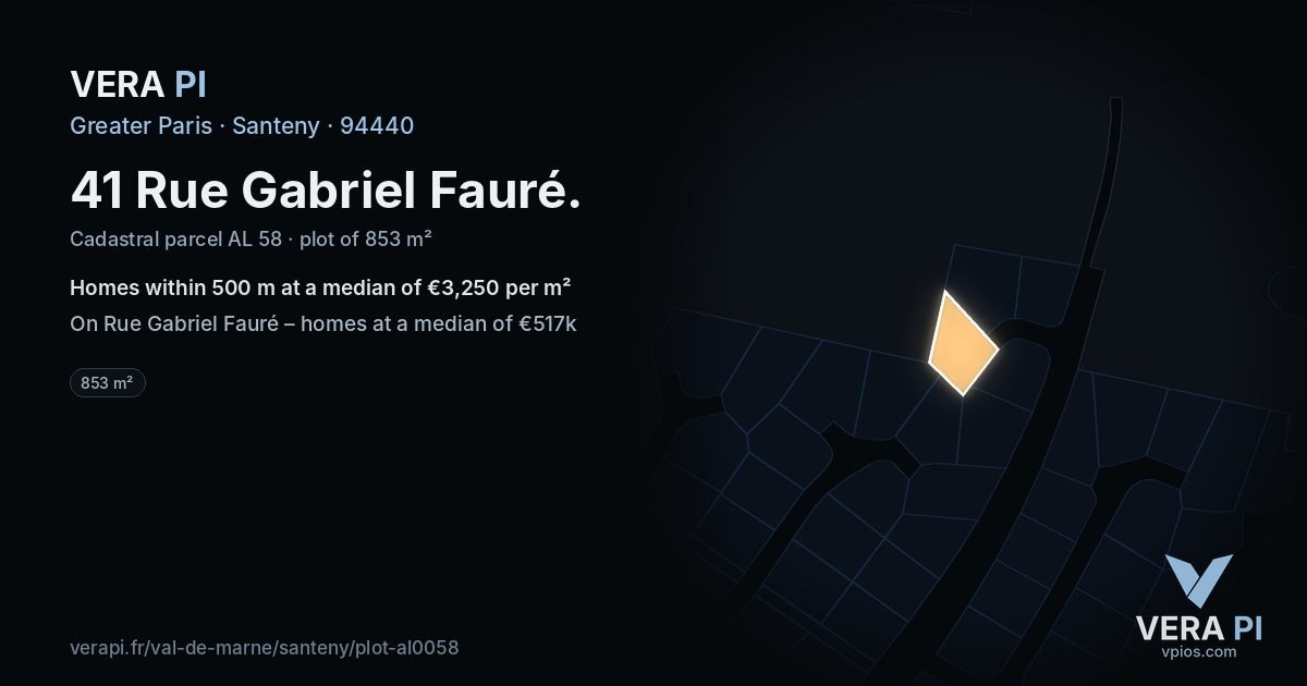 41 Rue Gabriel Fauré, Santeny at night – the plot lit, the parcels around coloured by the prices near them