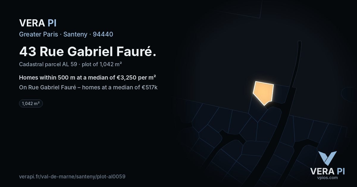 43 Rue Gabriel Fauré, Santeny at night – the plot lit, the parcels around coloured by the prices near them
