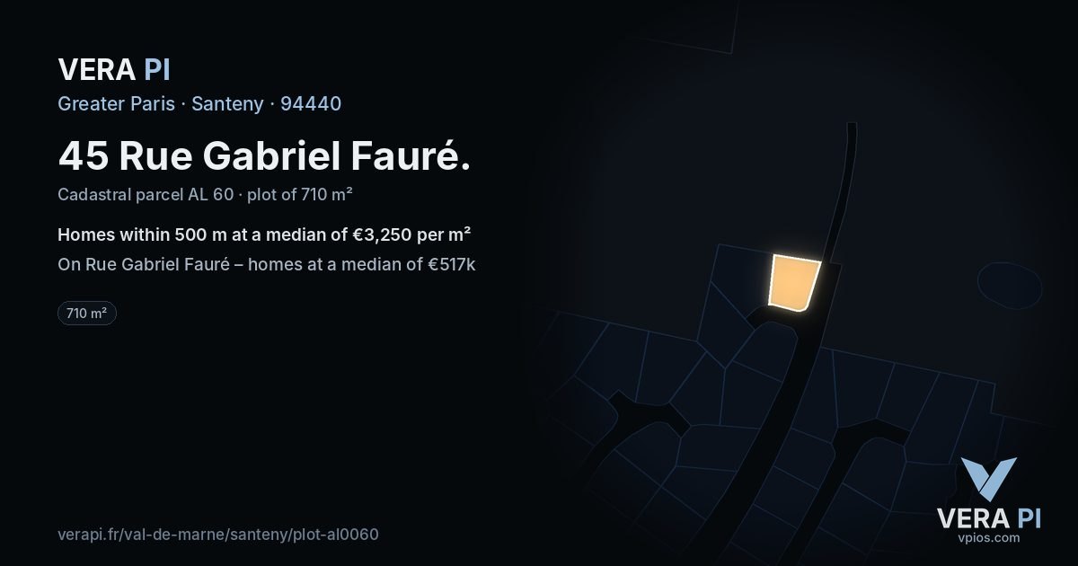 45 Rue Gabriel Fauré, Santeny at night – the plot lit, the parcels around coloured by the prices near them