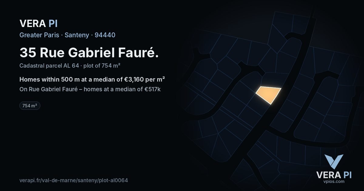 35 Rue Gabriel Fauré, Santeny at night – the plot lit, the parcels around coloured by the prices near them