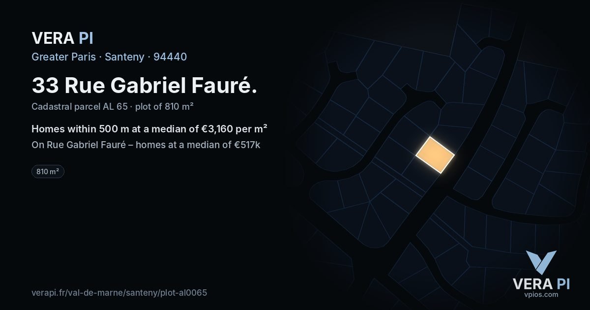 33 Rue Gabriel Fauré, Santeny at night – the plot lit, the parcels around coloured by the prices near them