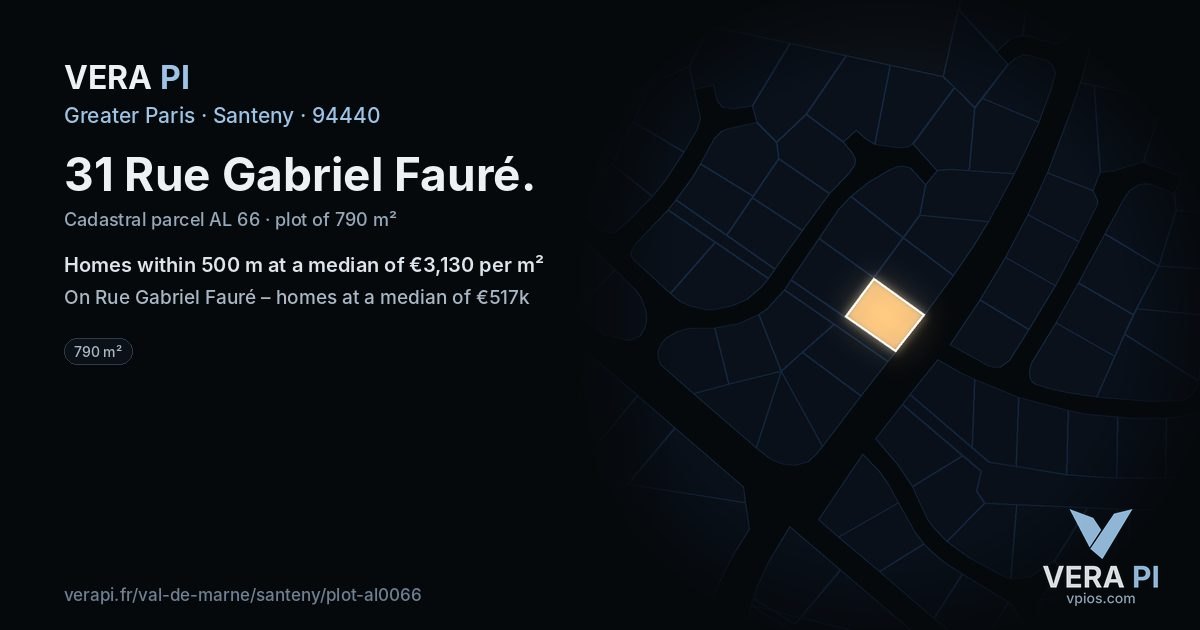 31 Rue Gabriel Fauré, Santeny at night – the plot lit, the parcels around coloured by the prices near them