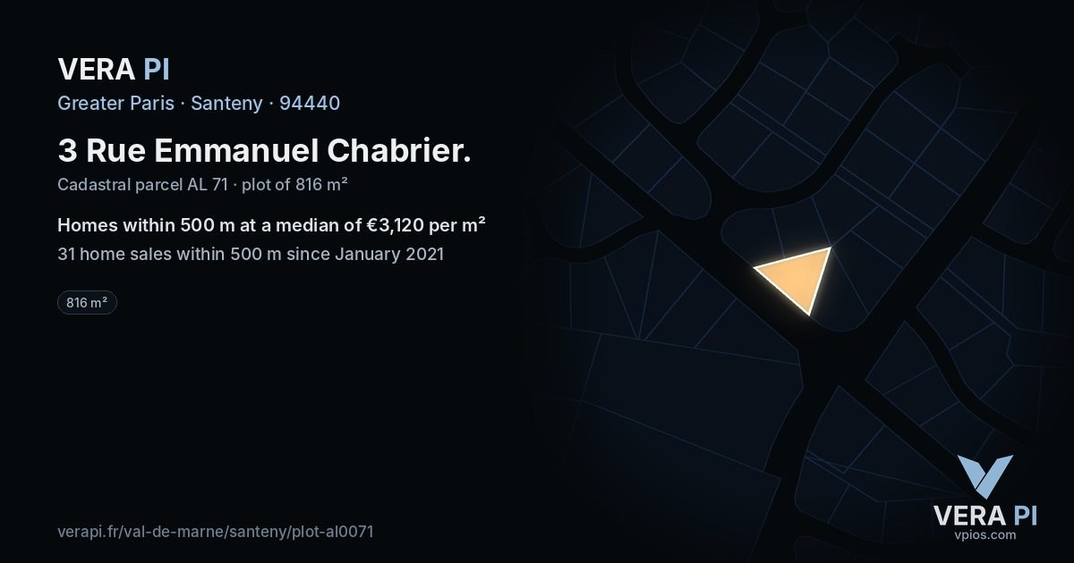 3 Rue Emmanuel Chabrier, Santeny at night – the plot lit, the parcels around coloured by the prices near them