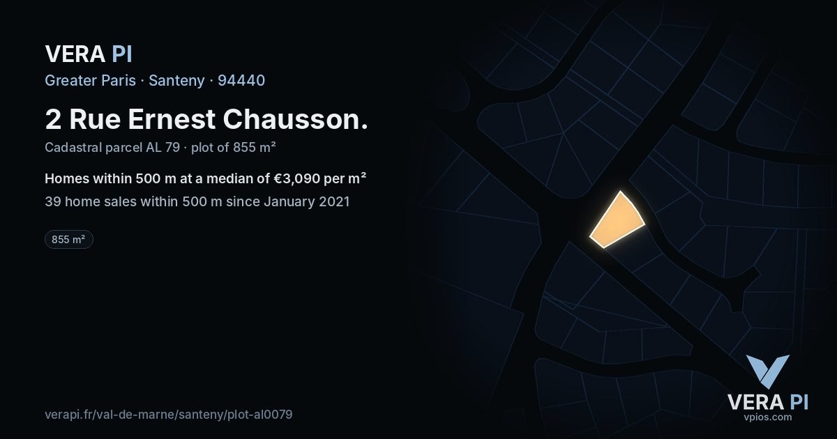 2 Rue Ernest Chausson, Santeny at night – the plot lit, the parcels around coloured by the prices near them