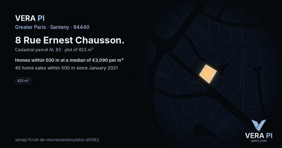 8 Rue Ernest Chausson, Santeny at night – the plot lit, the parcels around coloured by the prices near them