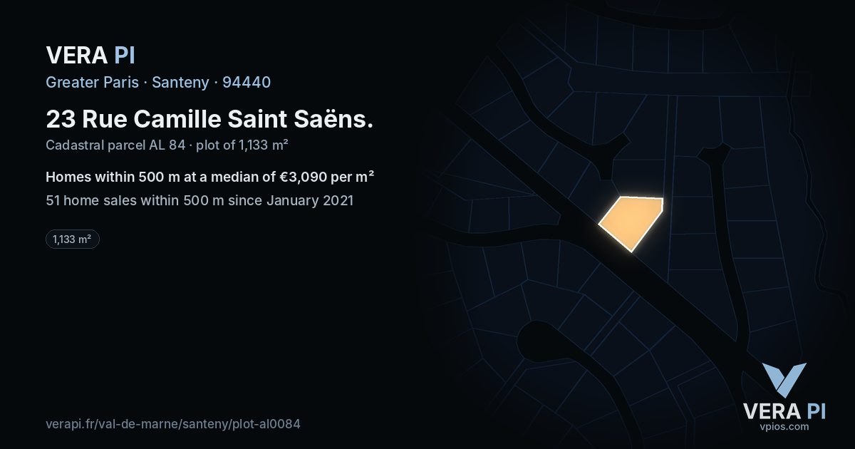 23 Rue Camille Saint Saëns, Santeny at night – the plot lit, the parcels around coloured by the prices near them