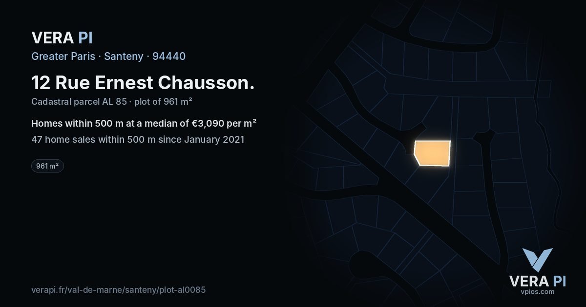 12 Rue Ernest Chausson, Santeny at night – the plot lit, the parcels around coloured by the prices near them