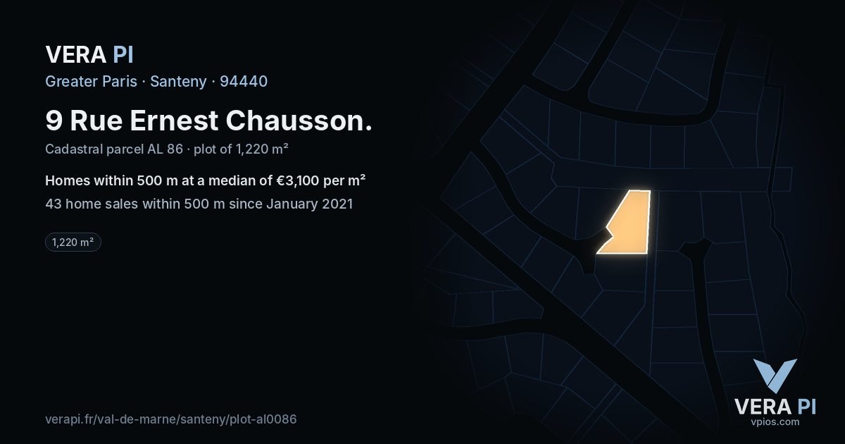 9 Rue Ernest Chausson, Santeny at night – the plot lit, the parcels around coloured by the prices near them