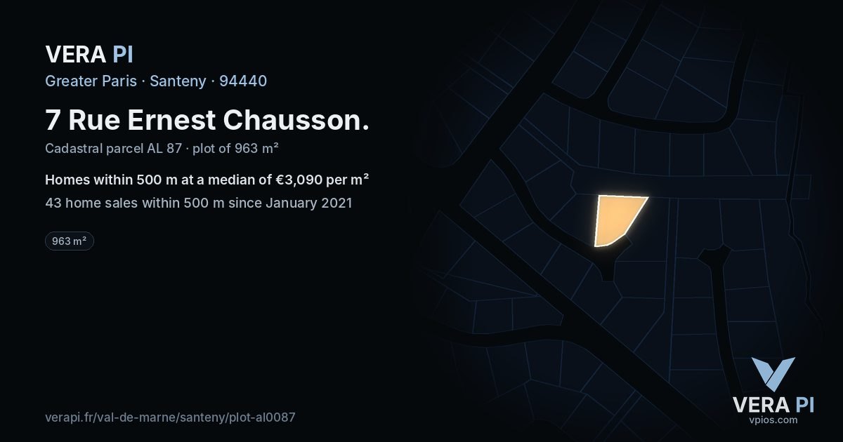 7 Rue Ernest Chausson, Santeny at night – the plot lit, the parcels around coloured by the prices near them