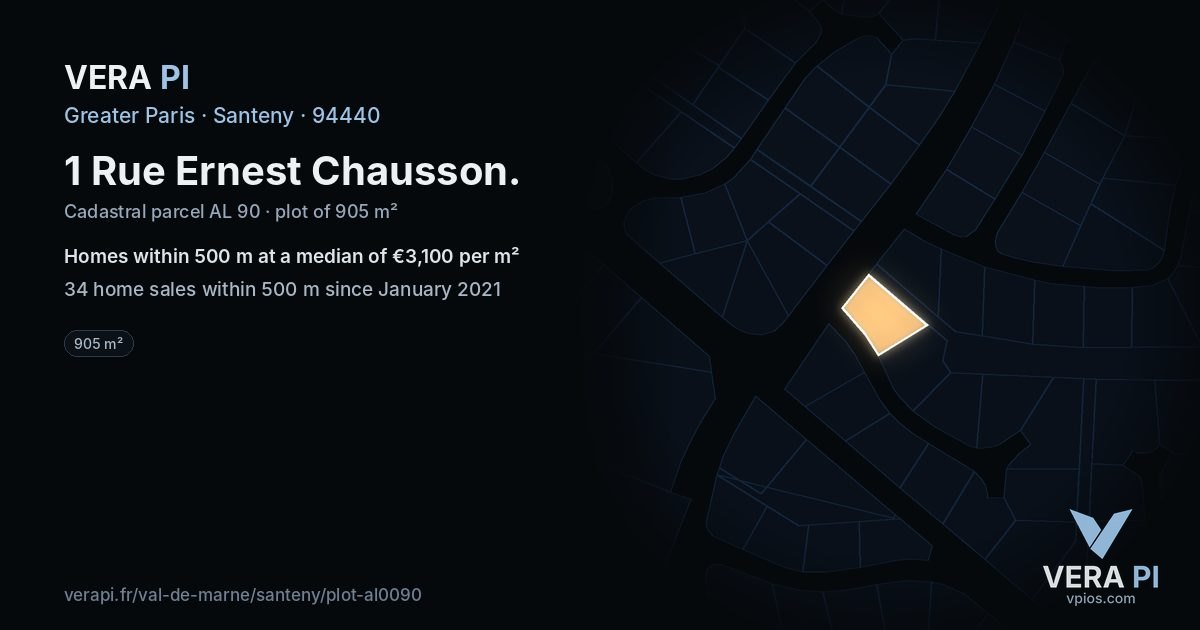 1 Rue Ernest Chausson, Santeny at night – the plot lit, the parcels around coloured by the prices near them