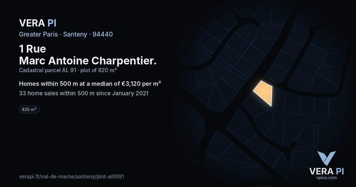 1 Rue Marc Antoine Charpentier, Santeny at night – the plot lit, the parcels around coloured by the prices near them