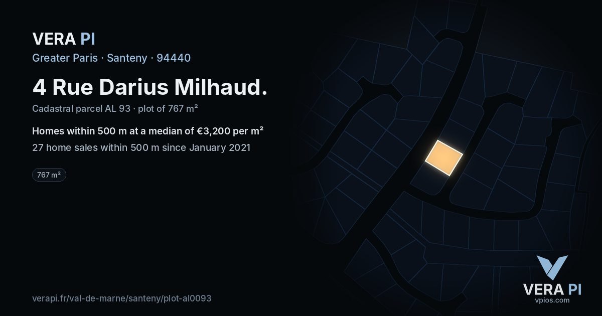 4 Rue Darius Milhaud, Santeny at night – the plot lit, the parcels around coloured by the prices near them