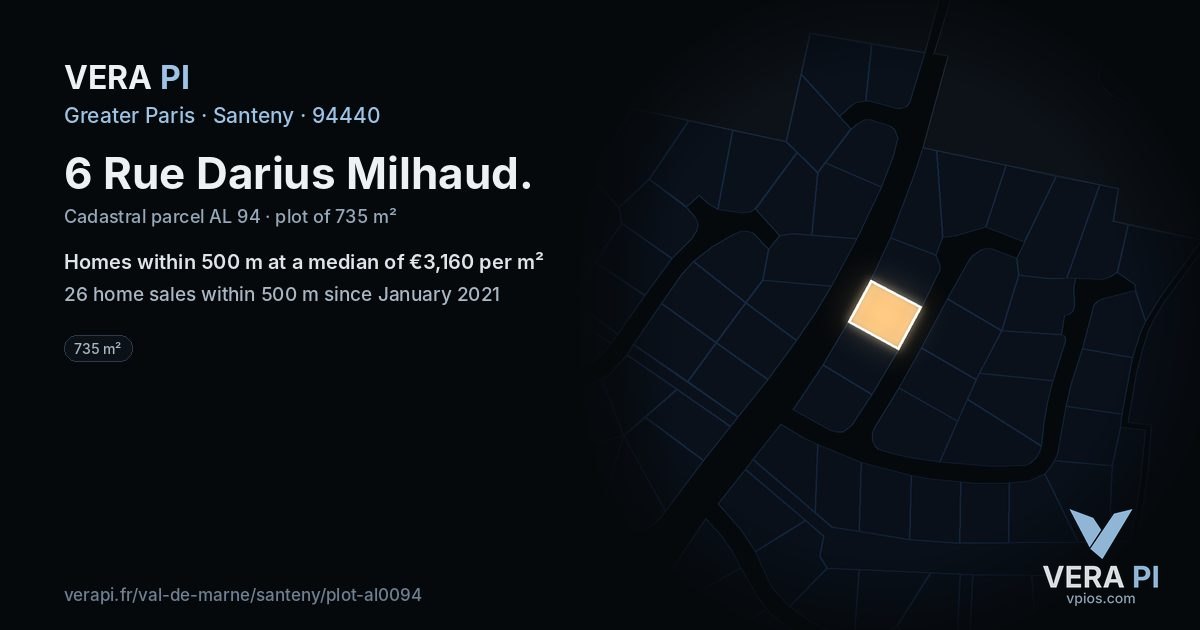 6 Rue Darius Milhaud, Santeny at night – the plot lit, the parcels around coloured by the prices near them