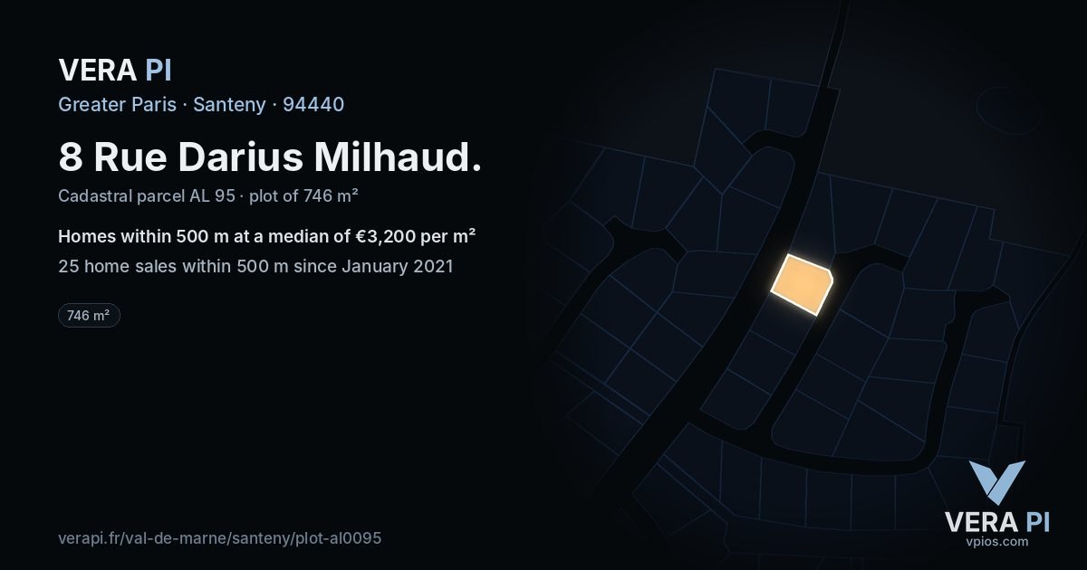 8 Rue Darius Milhaud, Santeny at night – the plot lit, the parcels around coloured by the prices near them