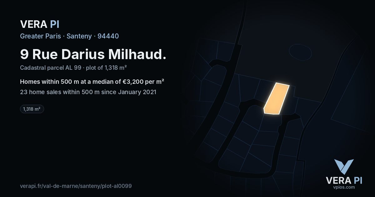 9 Rue Darius Milhaud, Santeny at night – the plot lit, the parcels around coloured by the prices near them