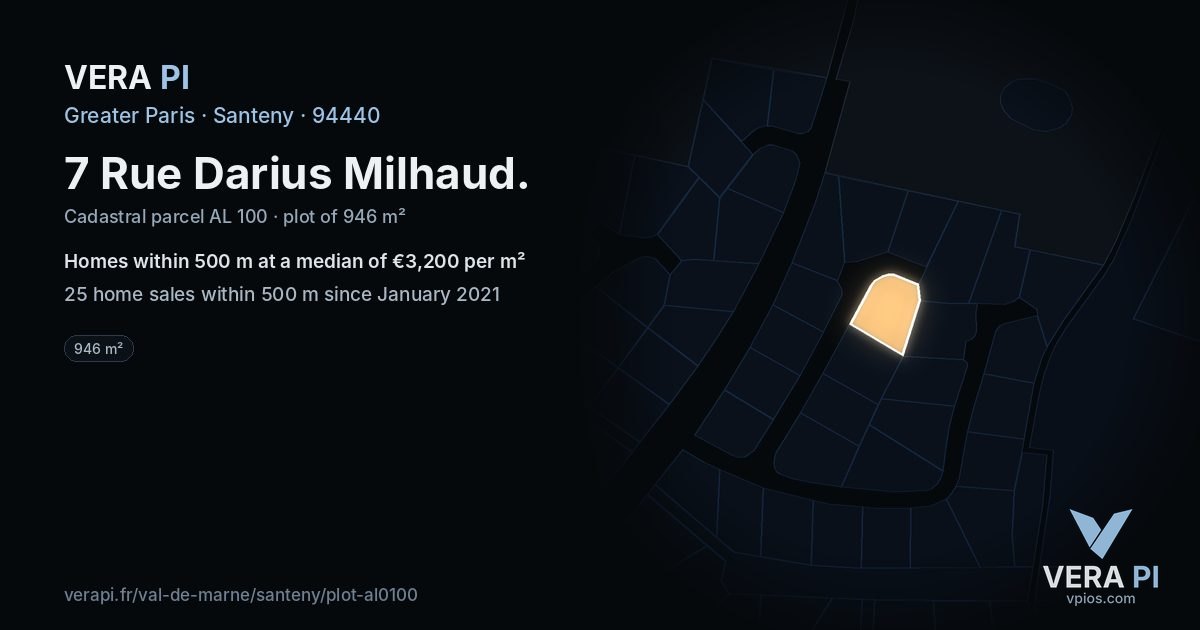 7 Rue Darius Milhaud, Santeny at night – the plot lit, the parcels around coloured by the prices near them
