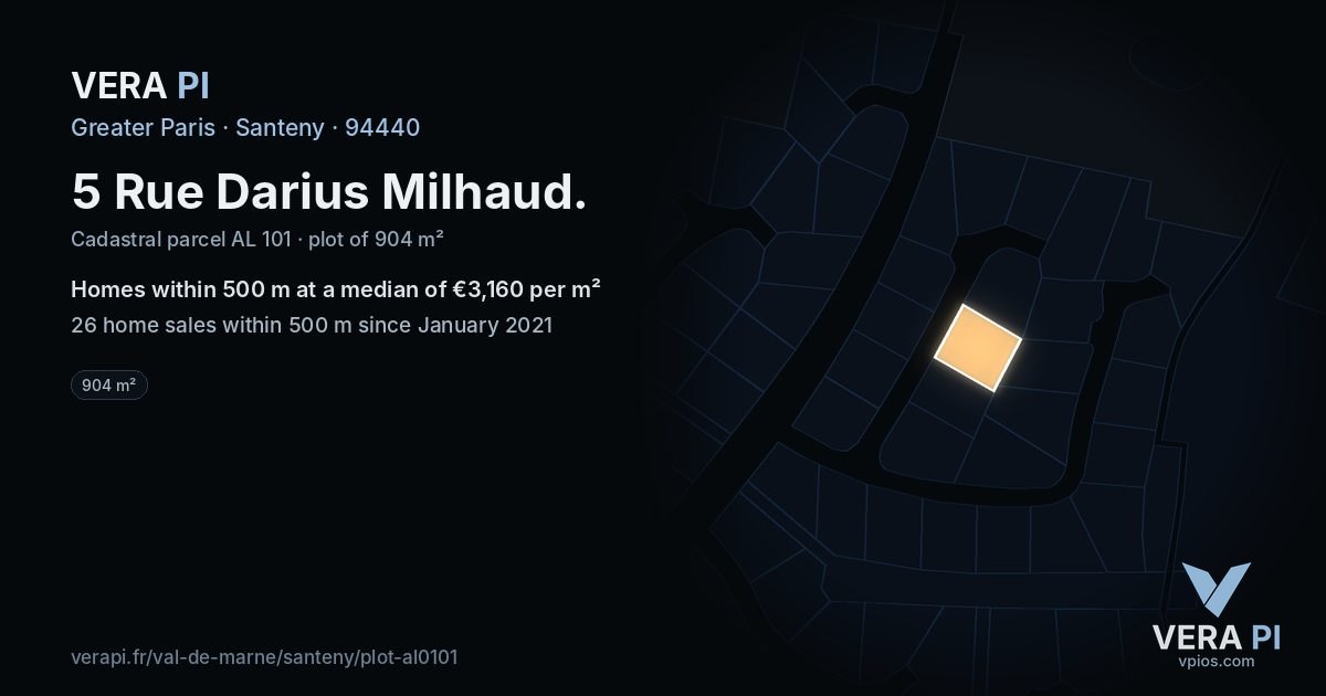 5 Rue Darius Milhaud, Santeny at night – the plot lit, the parcels around coloured by the prices near them