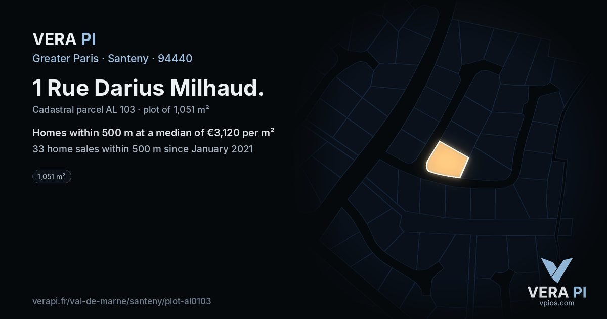 1 Rue Darius Milhaud, Santeny at night – the plot lit, the parcels around coloured by the prices near them