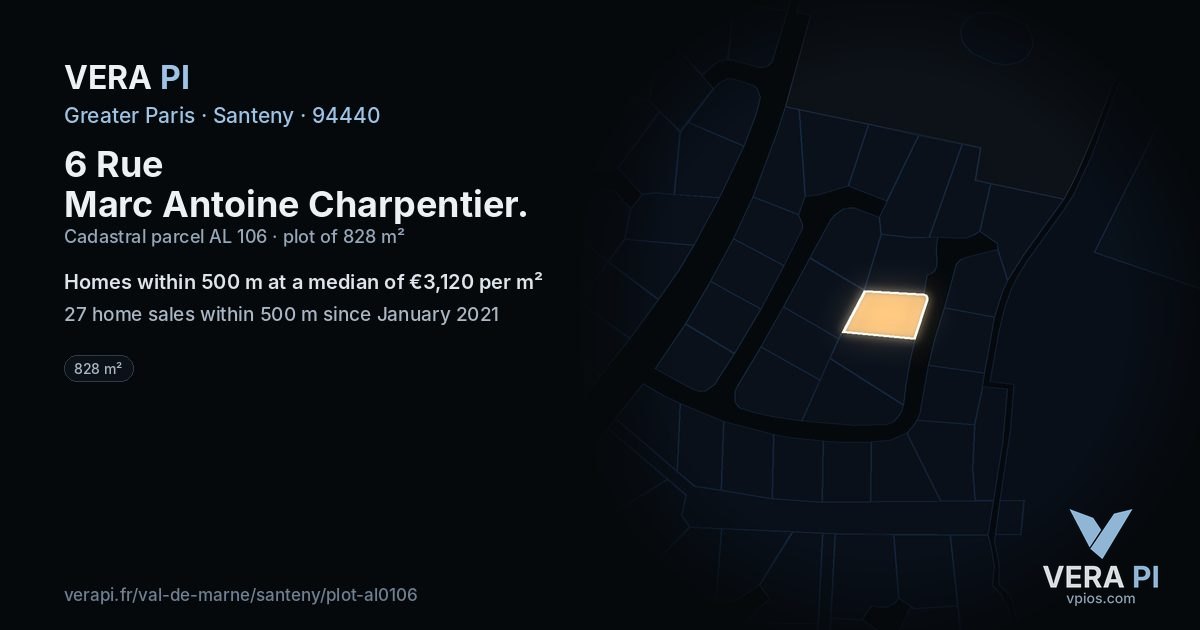 6 Rue Marc Antoine Charpentier, Santeny at night – the plot lit, the parcels around coloured by the prices near them