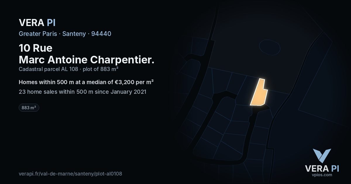 10 Rue Marc Antoine Charpentier, Santeny at night – the plot lit, the parcels around coloured by the prices near them
