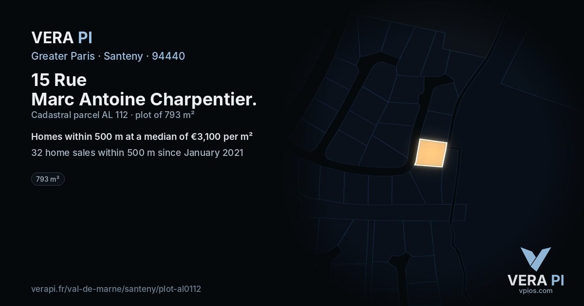 15 Rue Marc Antoine Charpentier, Santeny at night – the plot lit, the parcels around coloured by the prices near them