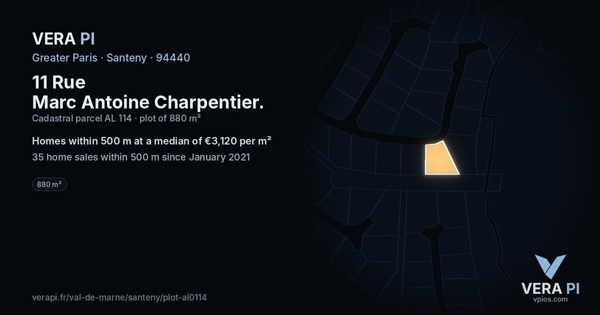 11 Rue Marc Antoine Charpentier, Santeny at night – the plot lit, the parcels around coloured by the prices near them