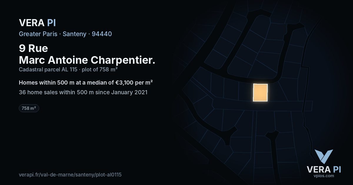 9 Rue Marc Antoine Charpentier, Santeny at night – the plot lit, the parcels around coloured by the prices near them