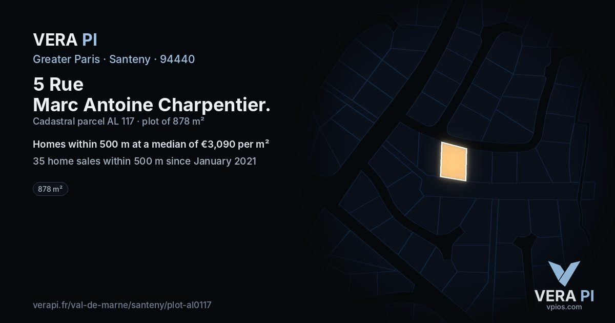 5 Rue Marc Antoine Charpentier, Santeny at night – the plot lit, the parcels around coloured by the prices near them