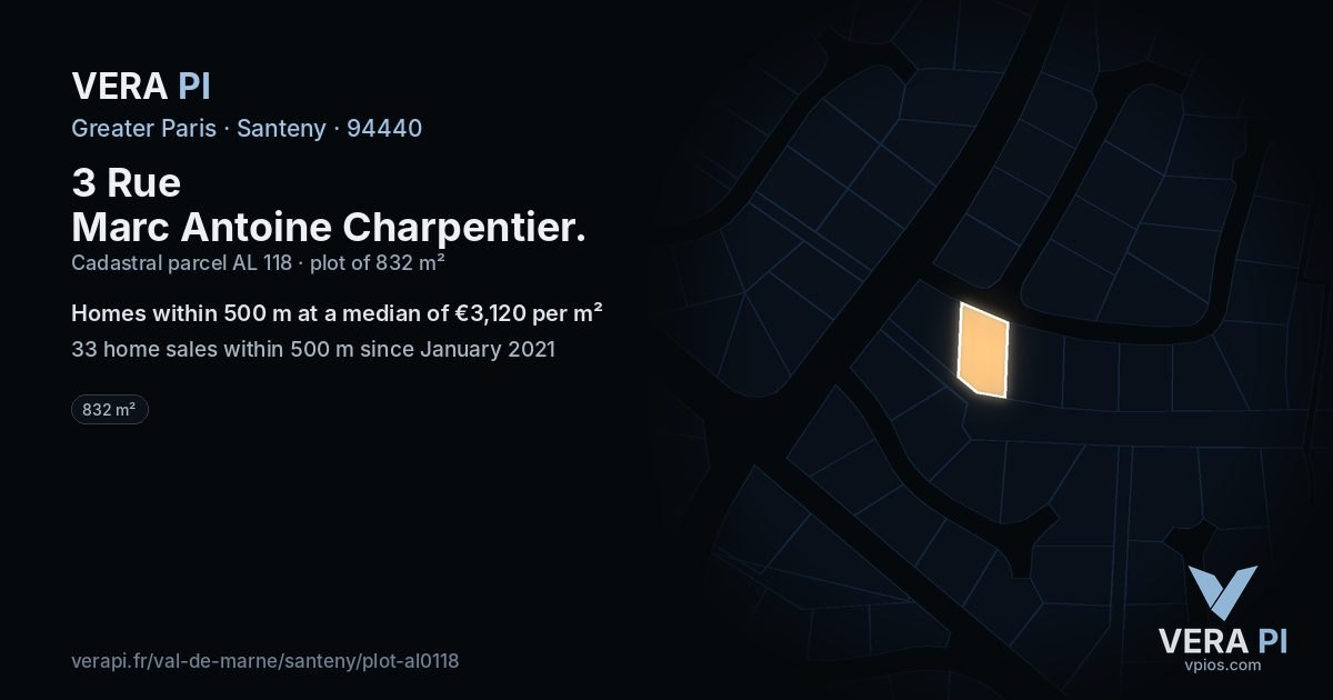 3 Rue Marc Antoine Charpentier, Santeny at night – the plot lit, the parcels around coloured by the prices near them