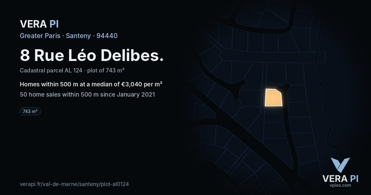 8 Rue Léo Delibes, Santeny at night – the plot lit, the parcels around coloured by the prices near them