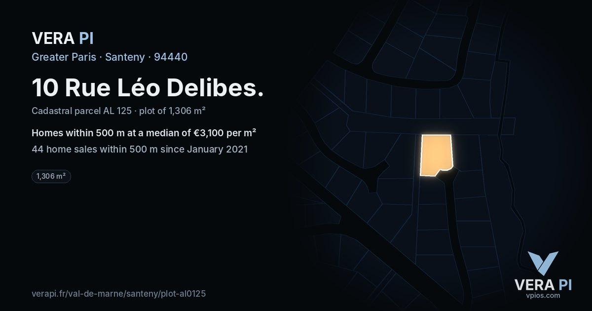 10 Rue Léo Delibes, Santeny at night – the plot lit, the parcels around coloured by the prices near them