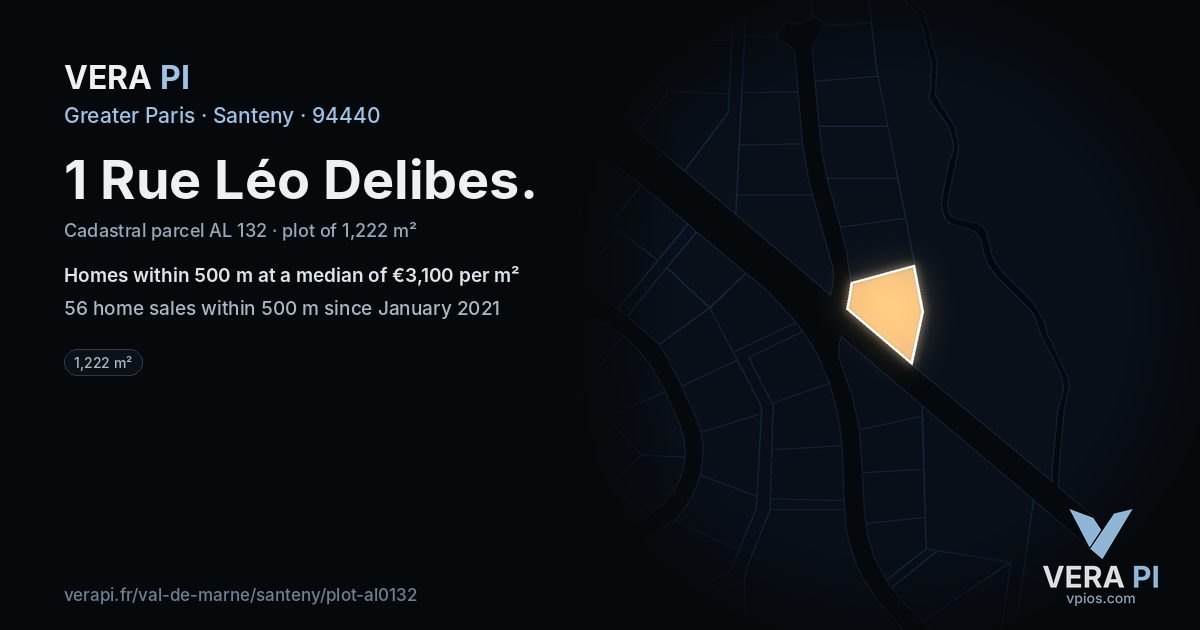 1 Rue Léo Delibes, Santeny at night – the plot lit, the parcels around coloured by the prices near them