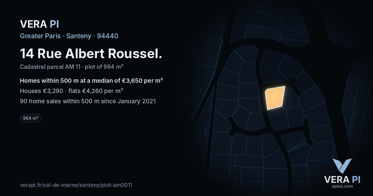 14 Rue Albert Roussel, Santeny at night – the plot lit, the parcels around coloured by the prices near them
