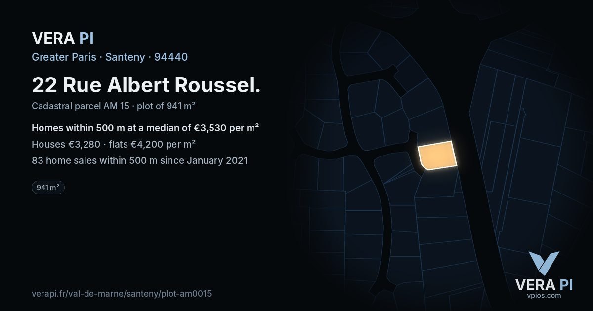 22 Rue Albert Roussel, Santeny at night – the plot lit, the parcels around coloured by the prices near them