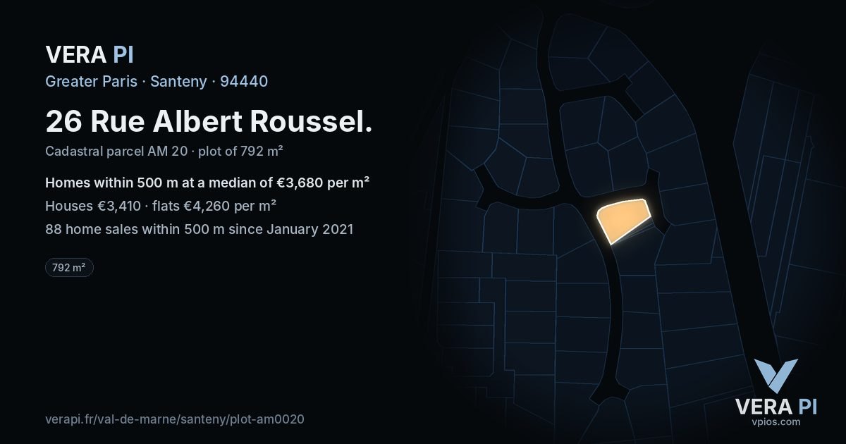 26 Rue Albert Roussel, Santeny at night – the plot lit, the parcels around coloured by the prices near them