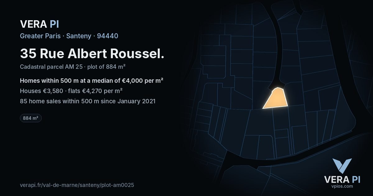 35 Rue Albert Roussel, Santeny at night – the plot lit, the parcels around coloured by the prices near them