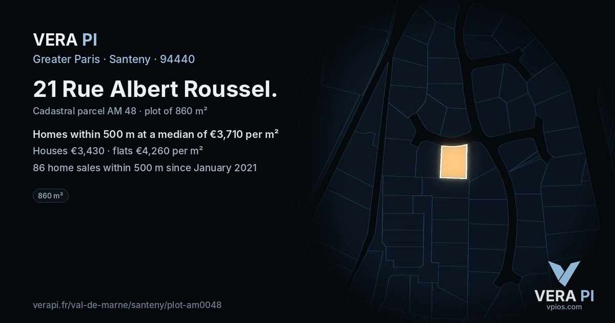 21 Rue Albert Roussel, Santeny at night – the plot lit, the parcels around coloured by the prices near them