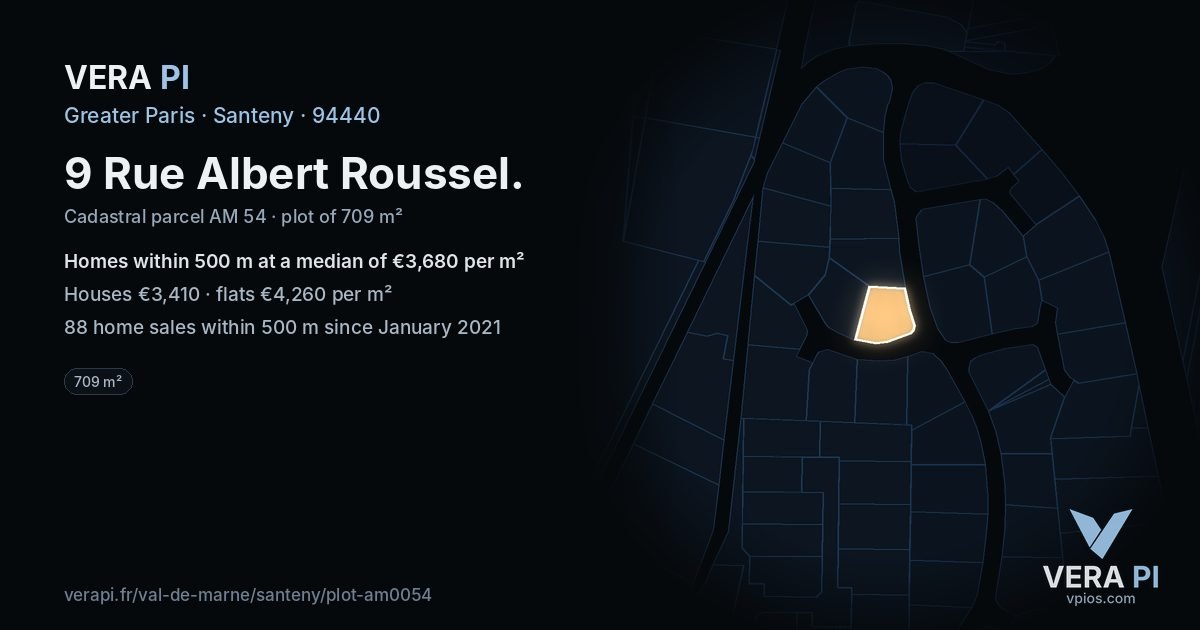 9 Rue Albert Roussel, Santeny at night – the plot lit, the parcels around coloured by the prices near them