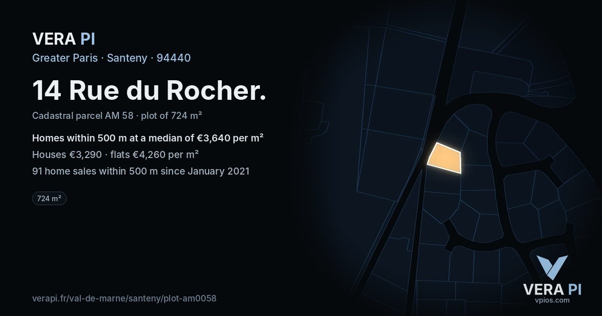 14 Rue du Rocher, Santeny at night – the plot lit, the parcels around coloured by the prices near them
