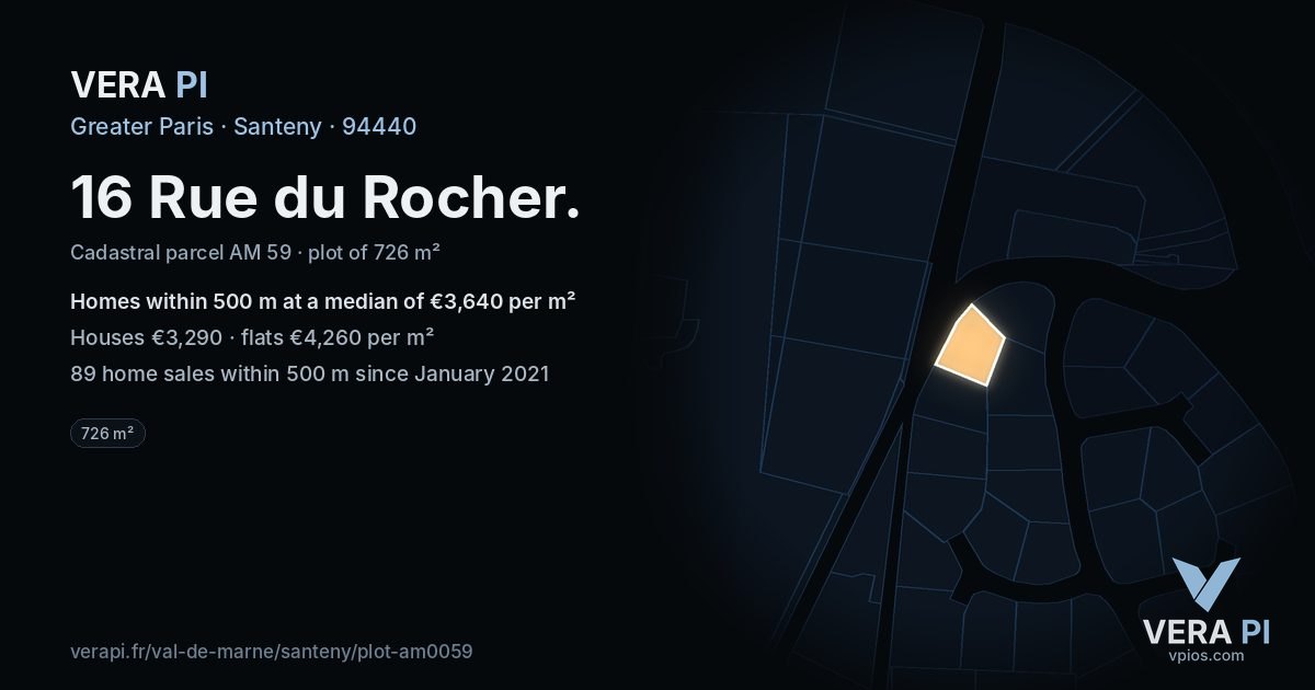 16 Rue du Rocher, Santeny at night – the plot lit, the parcels around coloured by the prices near them