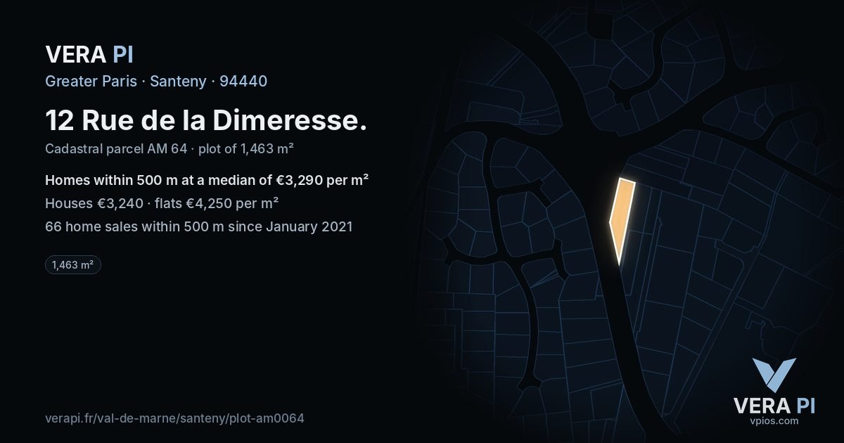 12 Rue de la Dimeresse, Santeny at night – the plot lit, the parcels around coloured by the prices near them