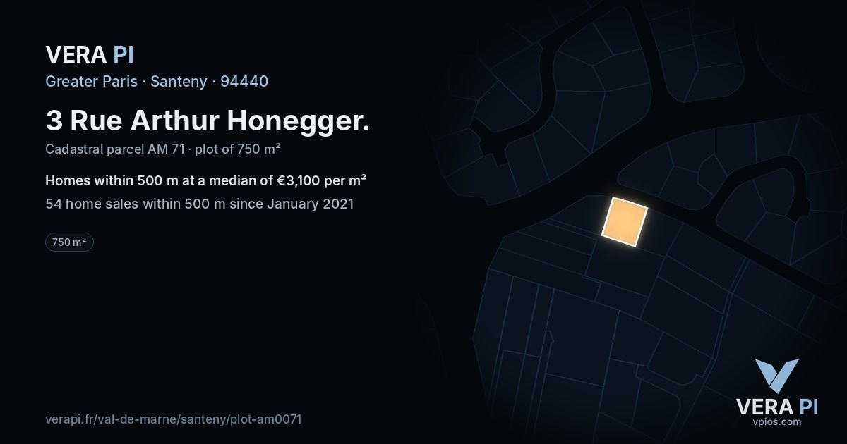 3 Rue Arthur Honegger, Santeny at night – the plot lit, the parcels around coloured by the prices near them